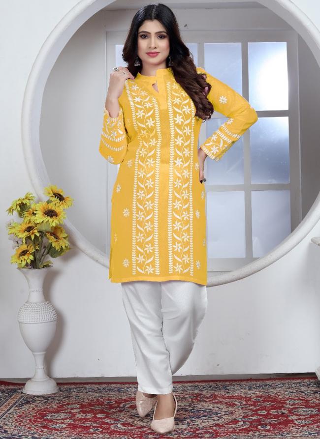 Rayon Yellow Casual Wear Chikankari Work Readymade Kurti With Pant